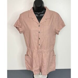 Vanilla Star Women's Short Sleeve Button Front Linen Blend Romper Pink XL NWT